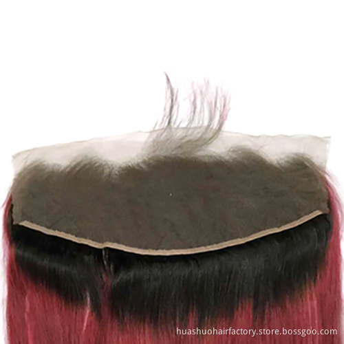 Single Donor 1B/Bug Red 13*4 Ear To Ear Remy Virgin Customized Brazilian Straight Human Hair Lace Frontal Piece
